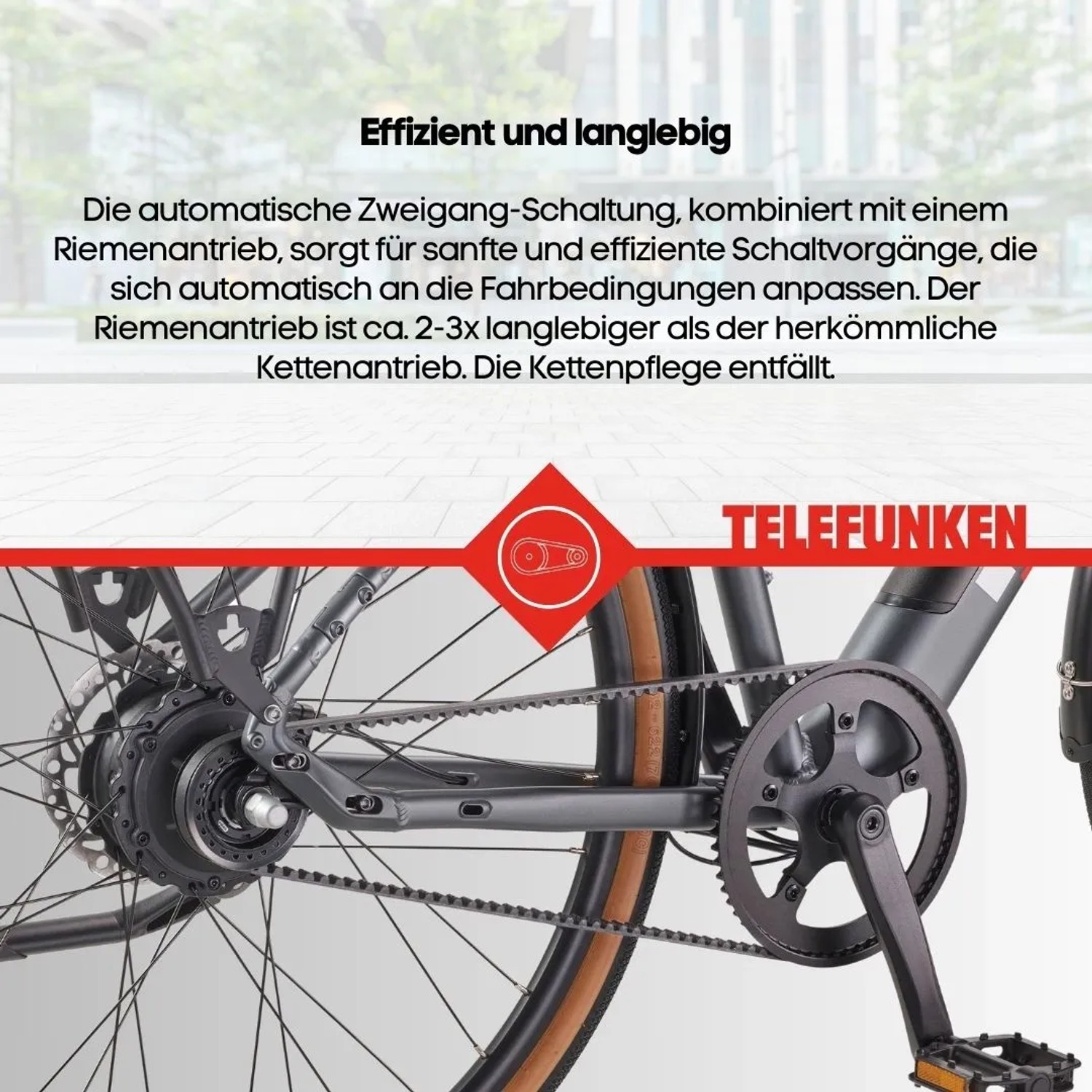 Detailaufnahme: TELEFUNKEN E-Bike mit Riemenantrieb und 2-Gang-Schaltung.