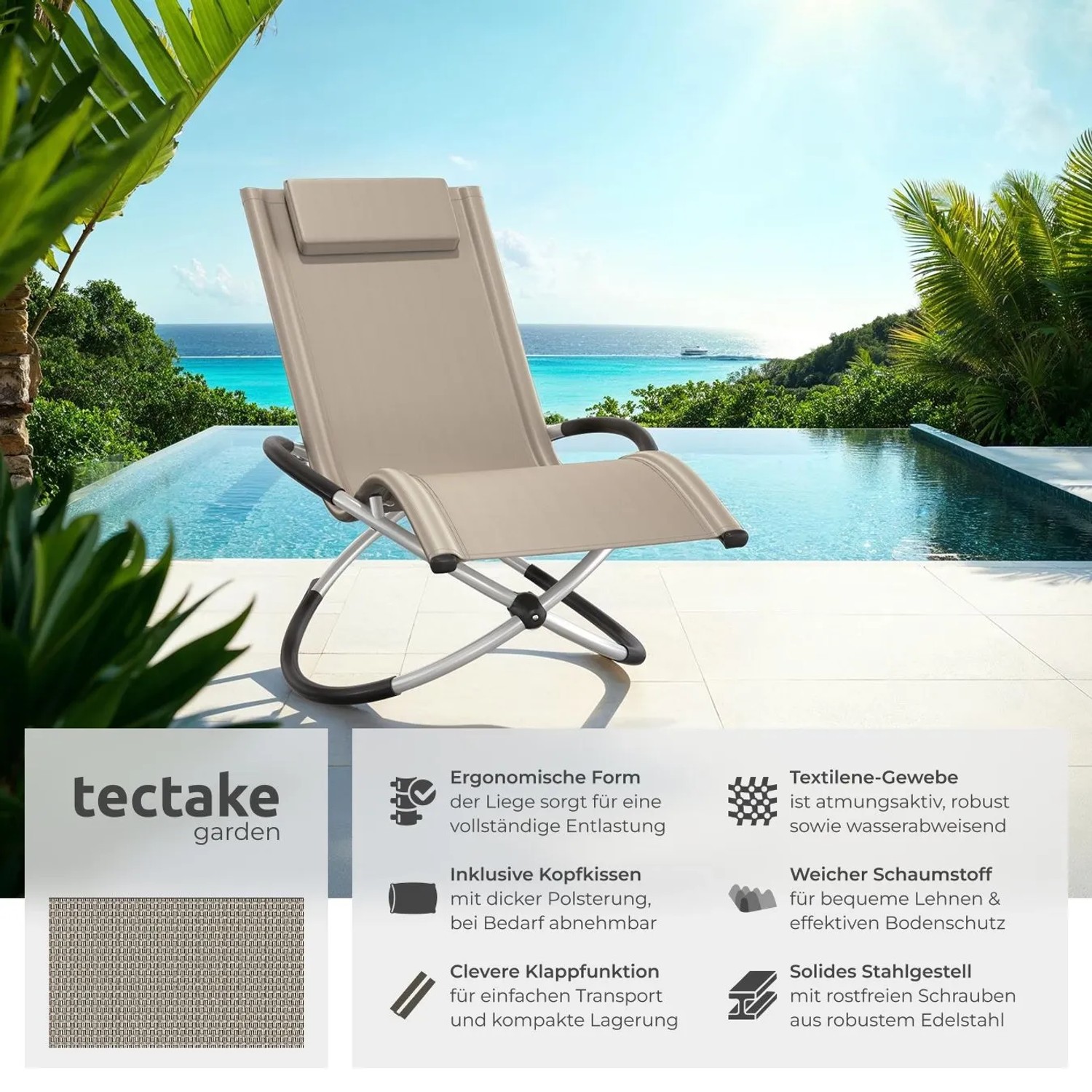 Tectake Sonnenliege Paulina Mit Textilene Ergonomisch  Atmungsaktiv  Widerstandsfähig und Faltbar  150 x 73 x 93 cm Beige_2