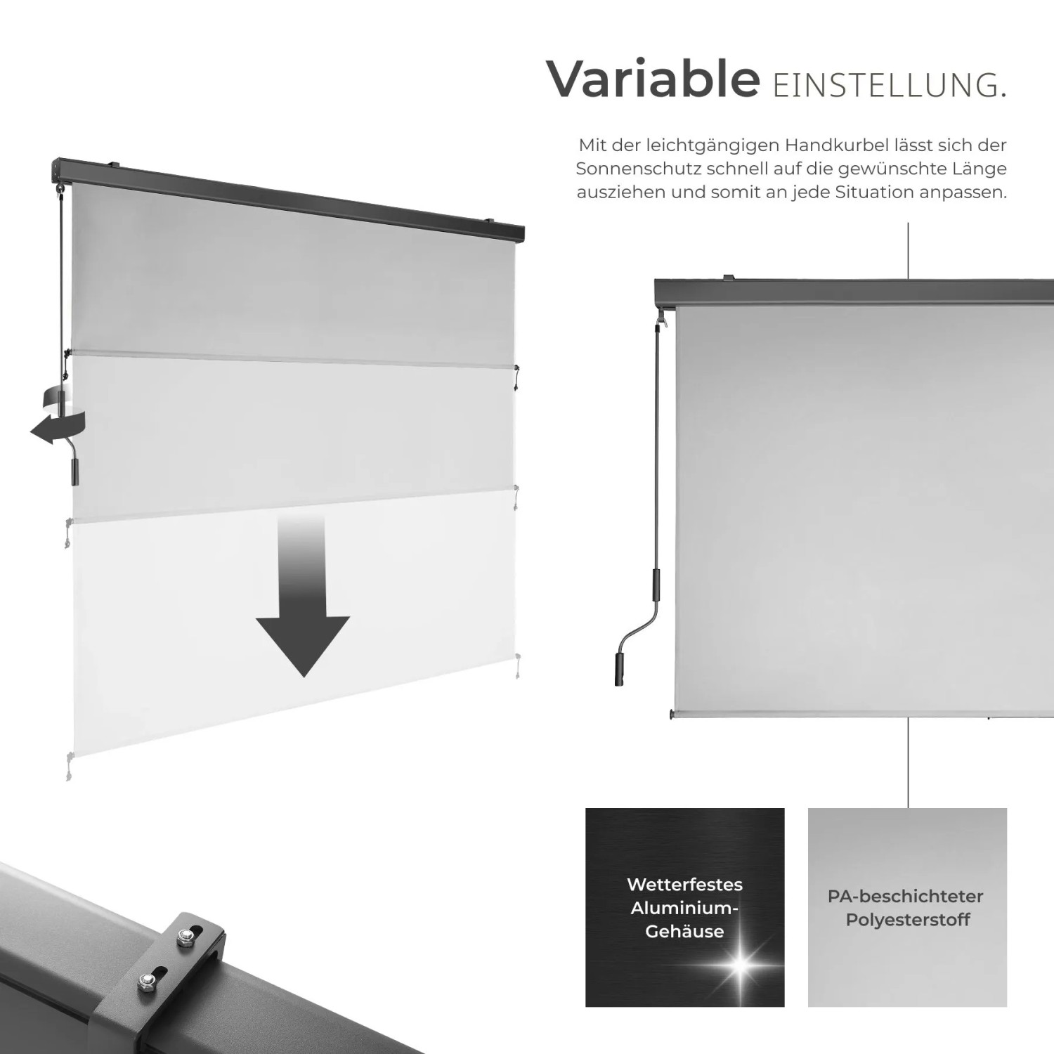 Hellgraue Tectake Senkrechtmarkise Eloise mit Handkurbel, verschiedene Ausrollstufen dargestellt.