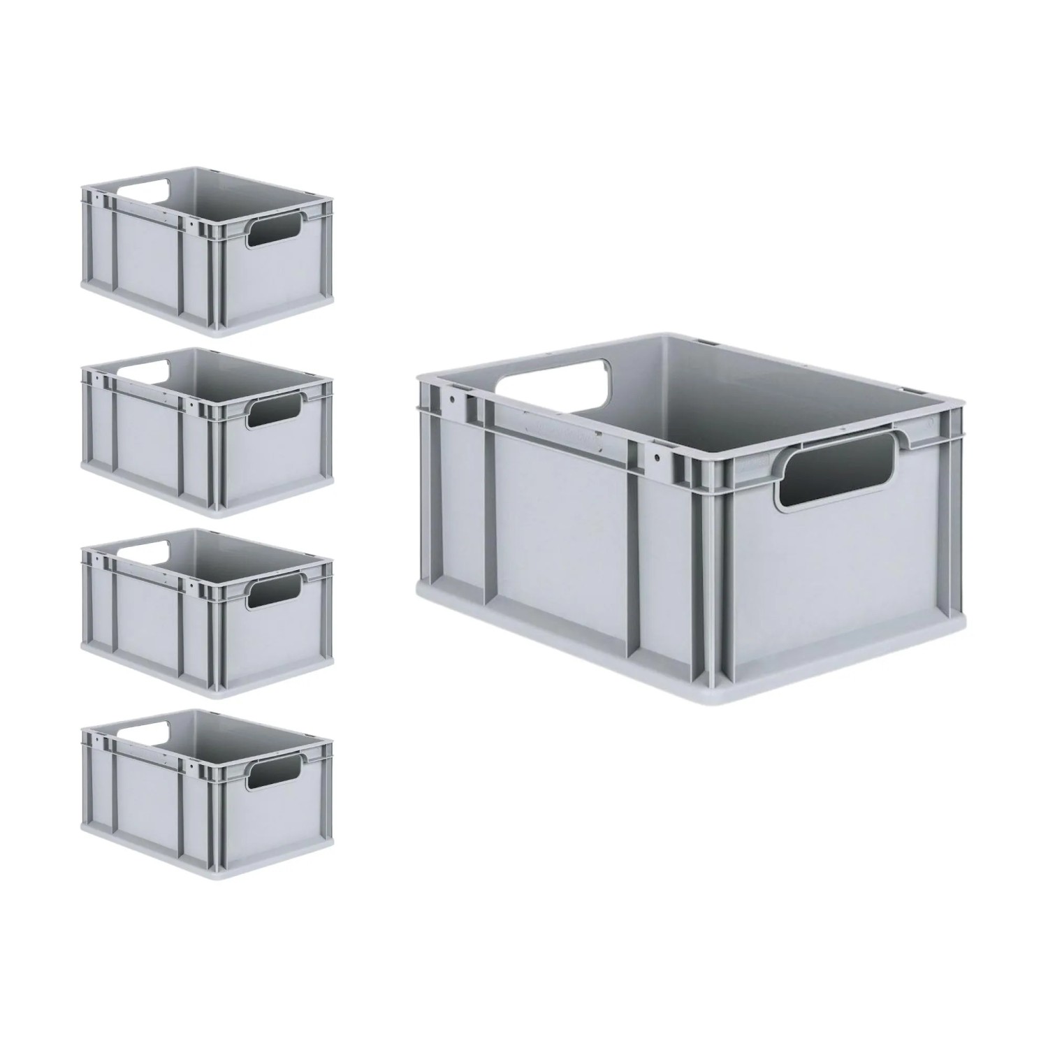 PROREGAL Spar Set: 5 graue Euroboxen mit Deckel und Schnappverschlüssen, 20 Liter.