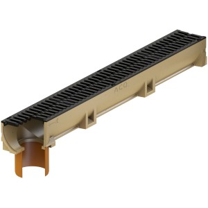 ACO Self Euroline Entwässerungsrinne mit Gussrost, 1 m lang, mit Stutzen für den Wasserablauf.