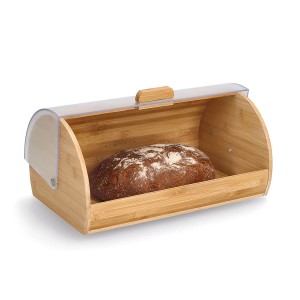 Brotkasten von Zeller aus Bambus und transparentem Kunststoff, mit Brot.