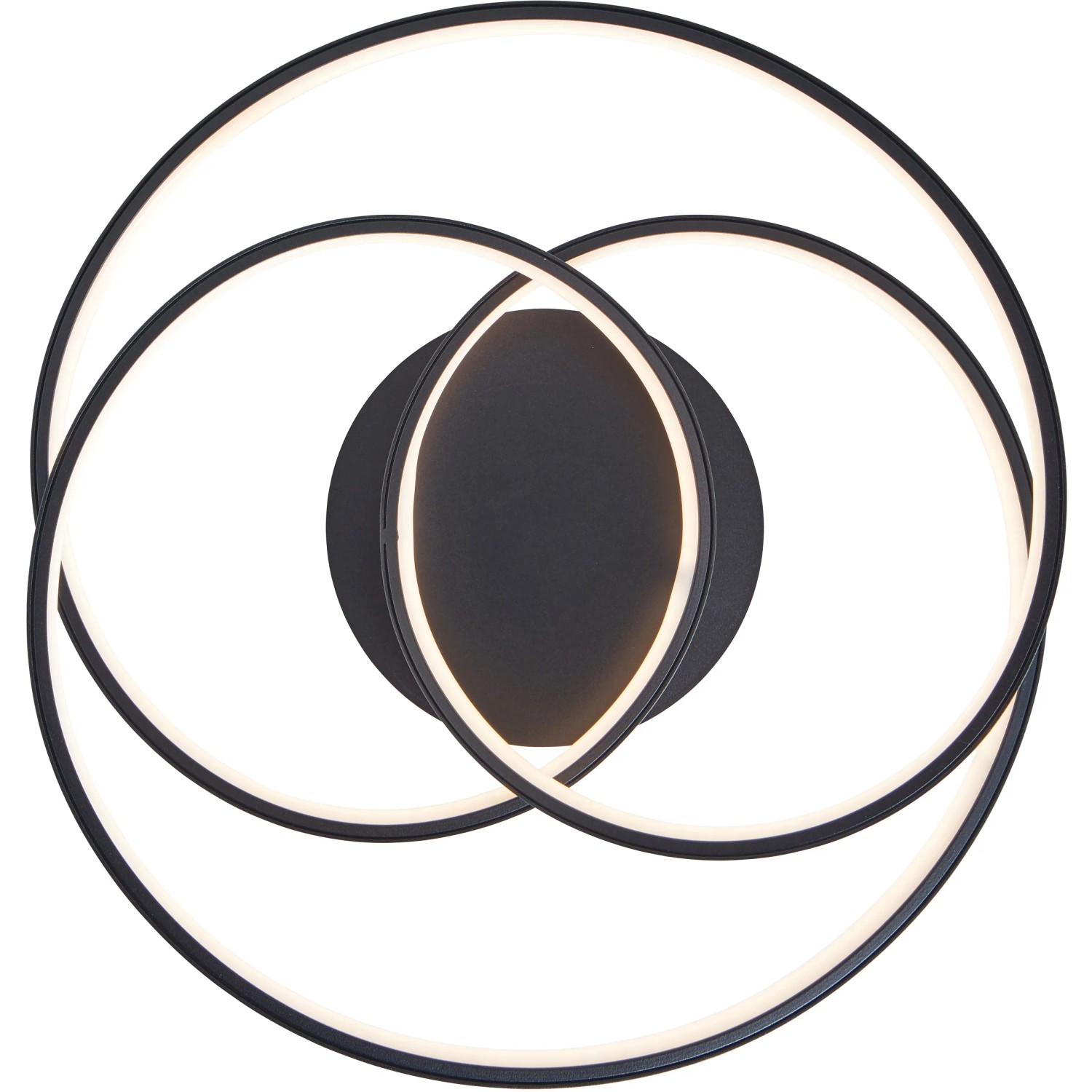 Moderne LED-Deckenleuchte Labyrinth, 40 cm, schwarz, mit ineinandergreifenden Kreisen.