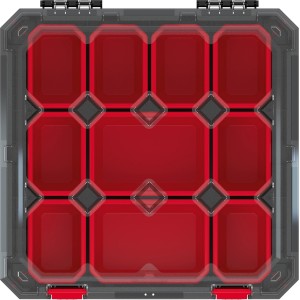 Sortierkasten mit 10 roten Fächern für Werkzeug, Schrauben und Kleinteile.