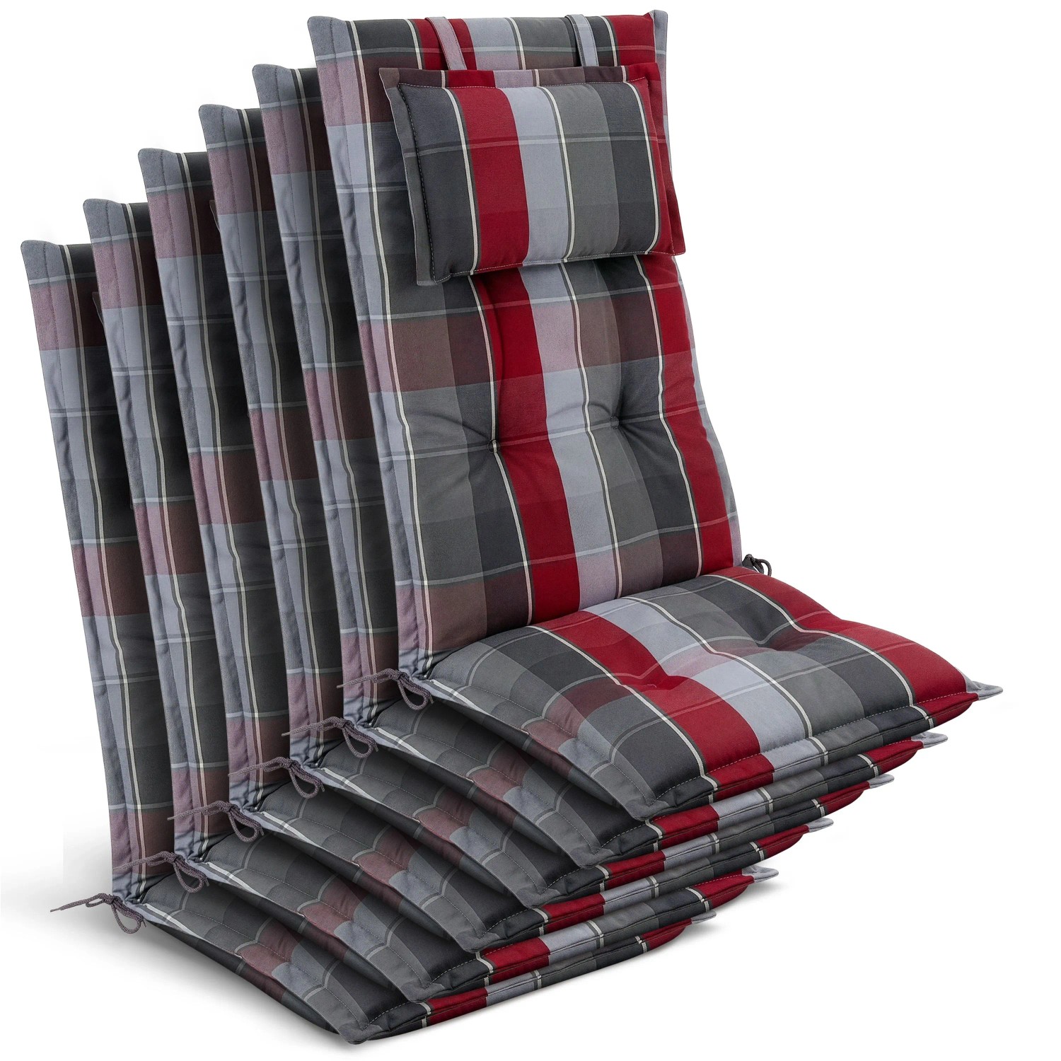 Beautissu 6x Gartenstuhlauflage Hochlehner 120x50x7cm Grau-Rot-Hellblau-Kariert