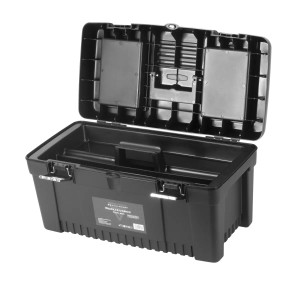 Offene, schwarze STAHLWERK Werkzeugkiste mit Sortimentsboxen im Deckel. Ideal für Werkzeugschränke.