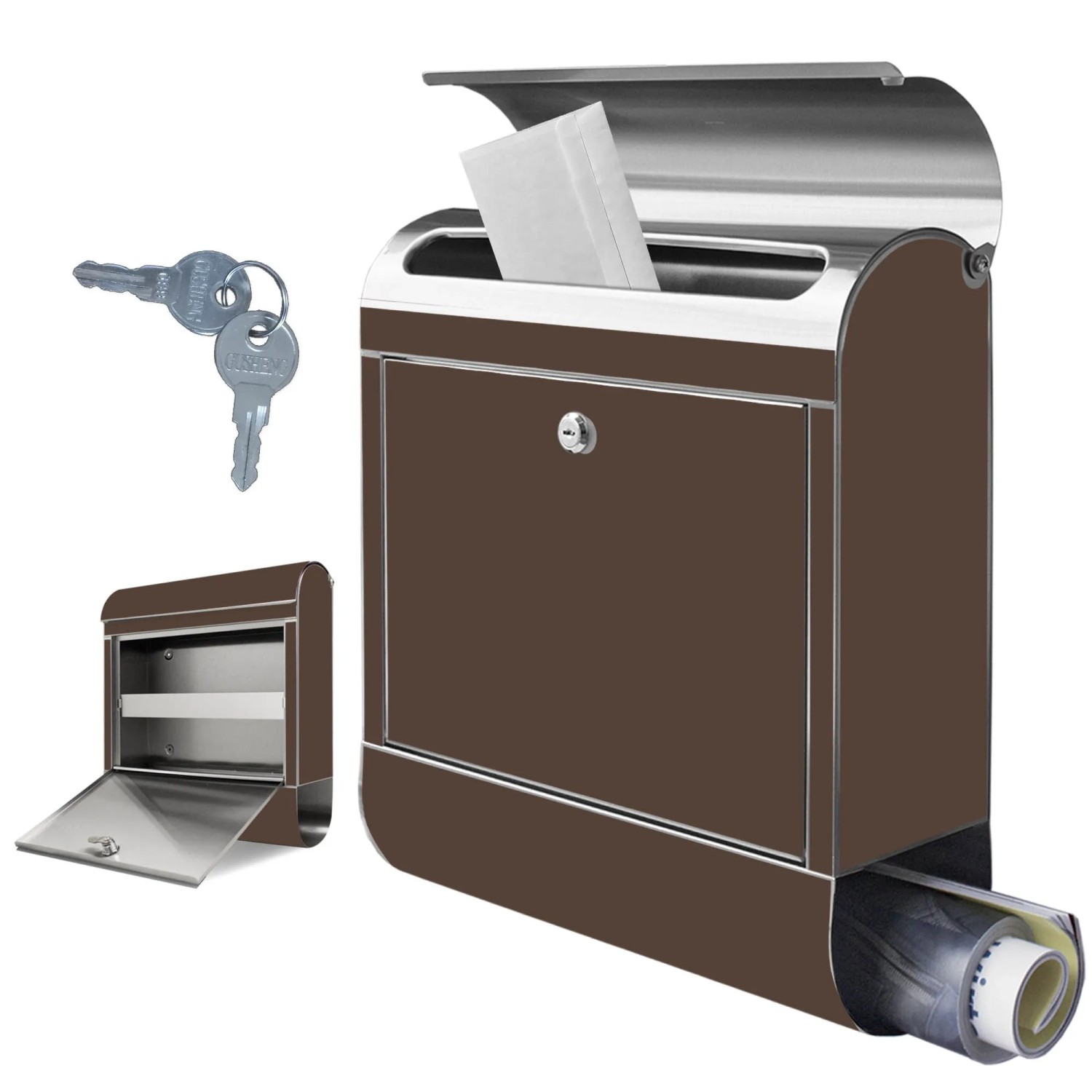 Banjado Edelstahl Briefkasten in Schokobraun mit Zeitungsfach und zwei Schlüsseln.