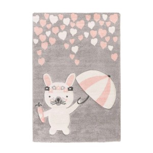 Rosa Kinderteppich (80x150 cm) mit Hasenmotiv, Herzen und Schirm. Kurzflor Teppich für Mädchen.
