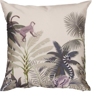 Beiges Kissen Dschungel Glam Forest 45x45 cm mit Palmen, Affen und Lemuren.