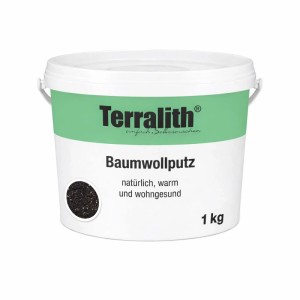 Weißer Eimer Terralith Baumwollputz Flüssigtapete, 1 kg, mit dunkler Texturprobe. Dekorativer Effektputz für Wände.