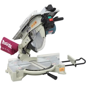 Makita LH1040F Tisch-Kapp- und Gehrungssäge mit Sägeblatt, Absaugvorrichtung und Tischkreissägefunktion.