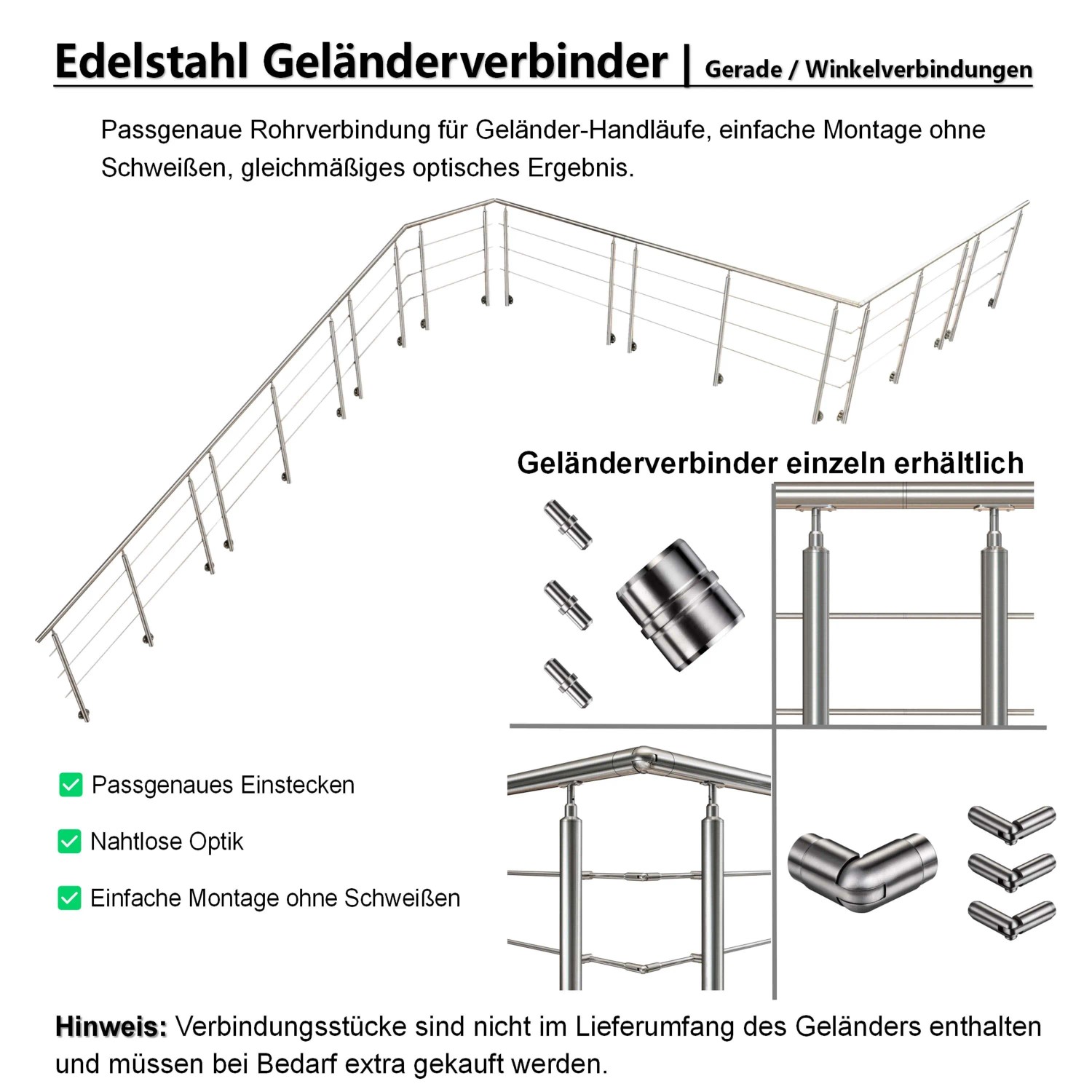 AICA 304 Edelstahl Treppengeländer Set Seitenmontage 200 cm Länge 3 Querstreben_7