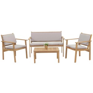 Garten-Garnitur aus Akazienholz mit Bank, 2 Sesseln und Tisch. Graue Kissen für gemütliche Lounge-Sitzgruppe.
