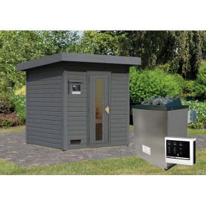 Karibu Saunahaus Arvi 2 Set, terragrau, mit 9 kW Ofen und externer Steuerung.