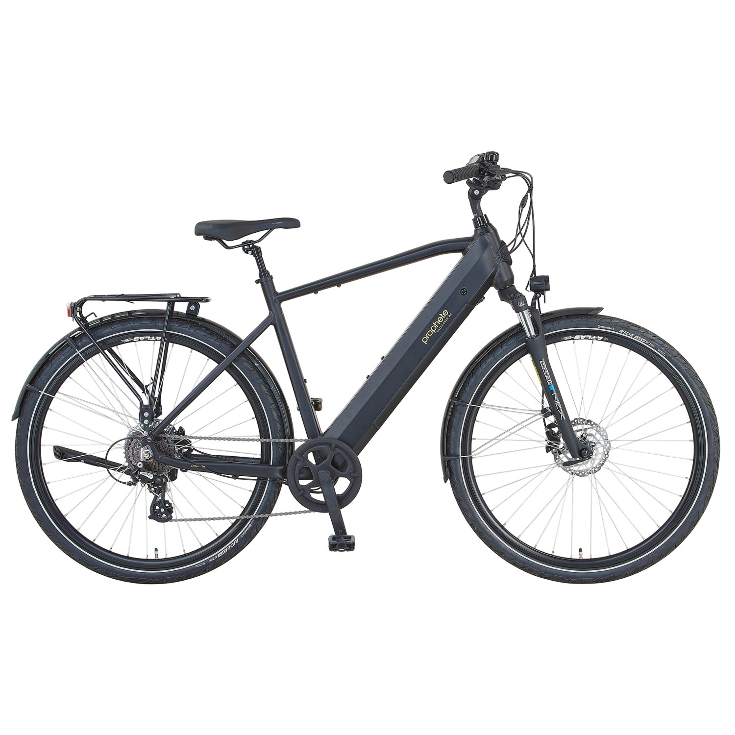 Schwarzes Prophete Trekking E-Bike Entdecker 2.0 Herrenrad mit Diamantrahmen und 28 Zoll Reifen.