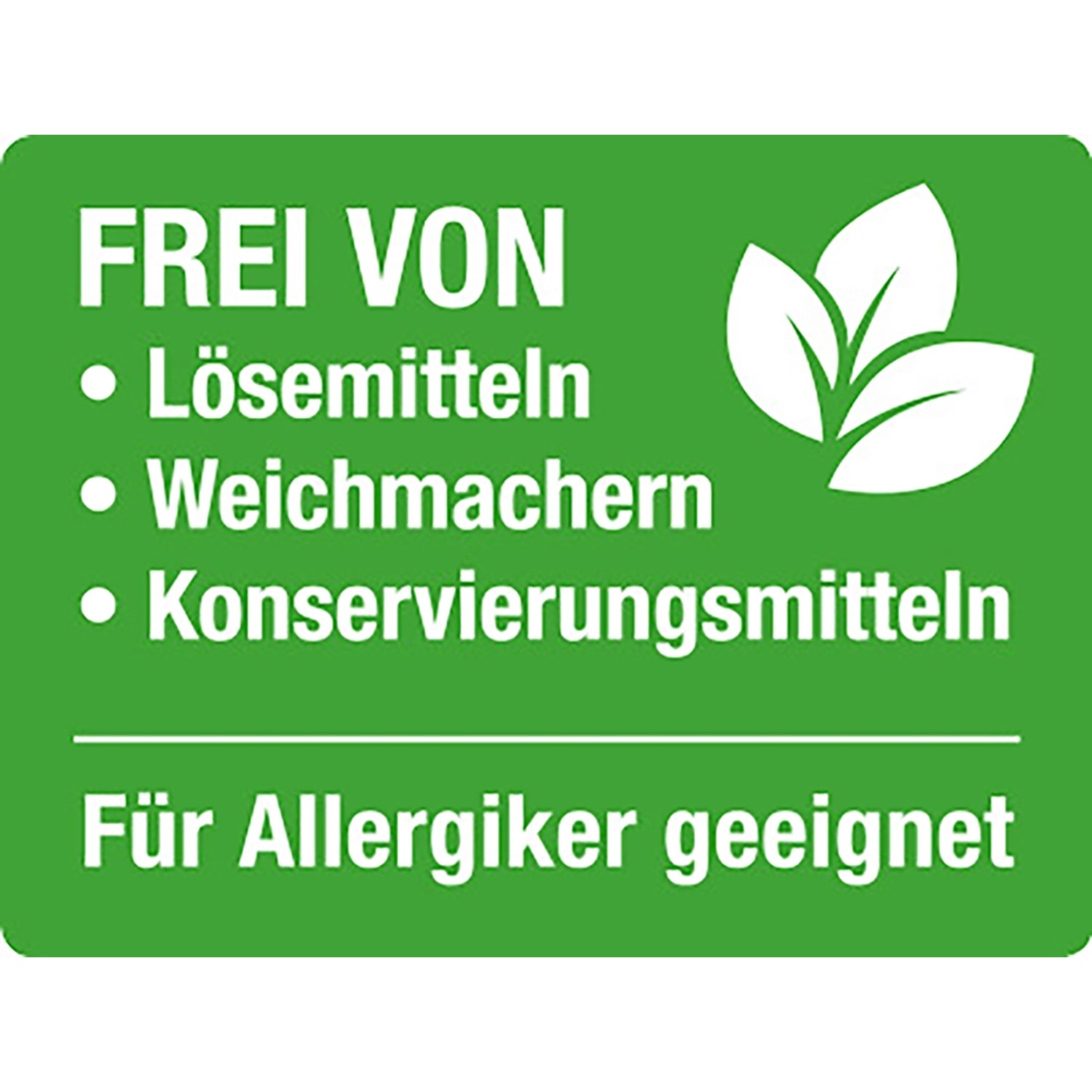Symbol: Wandfarbe Cosy White, frei von Lösungsmitteln, Weichmachern und Konservierungsmitteln, für Allergiker geeignet.