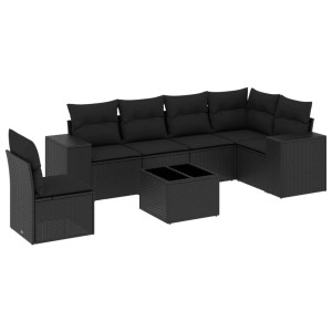 Schwarze 7-tlg. vidaXL Garten-Sofagarnitur aus Poly Rattan mit Kissen.