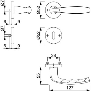 Technische Zeichnung: Hoppe Rosetten Garnitur New York Alu Natur, Türbeschlag mit Maßen.