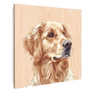 Weißer Schlüsselkasten mit Holzfront (30x30cm) und Hunde-Motiv 'Goldener Freund'.