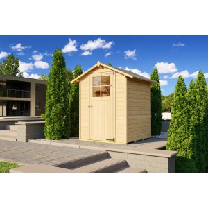 Unbehandeltes Weka Holz-Gartenhaus Parma mit Satteldach, 152x152 cm, im Garten.