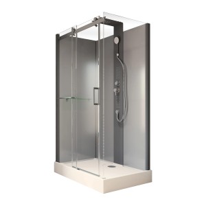 Schulte Komplettduschkabine Korsika mit schwarzem Rahmen, Schiebetür, Duschpaneel und Duschwanne.