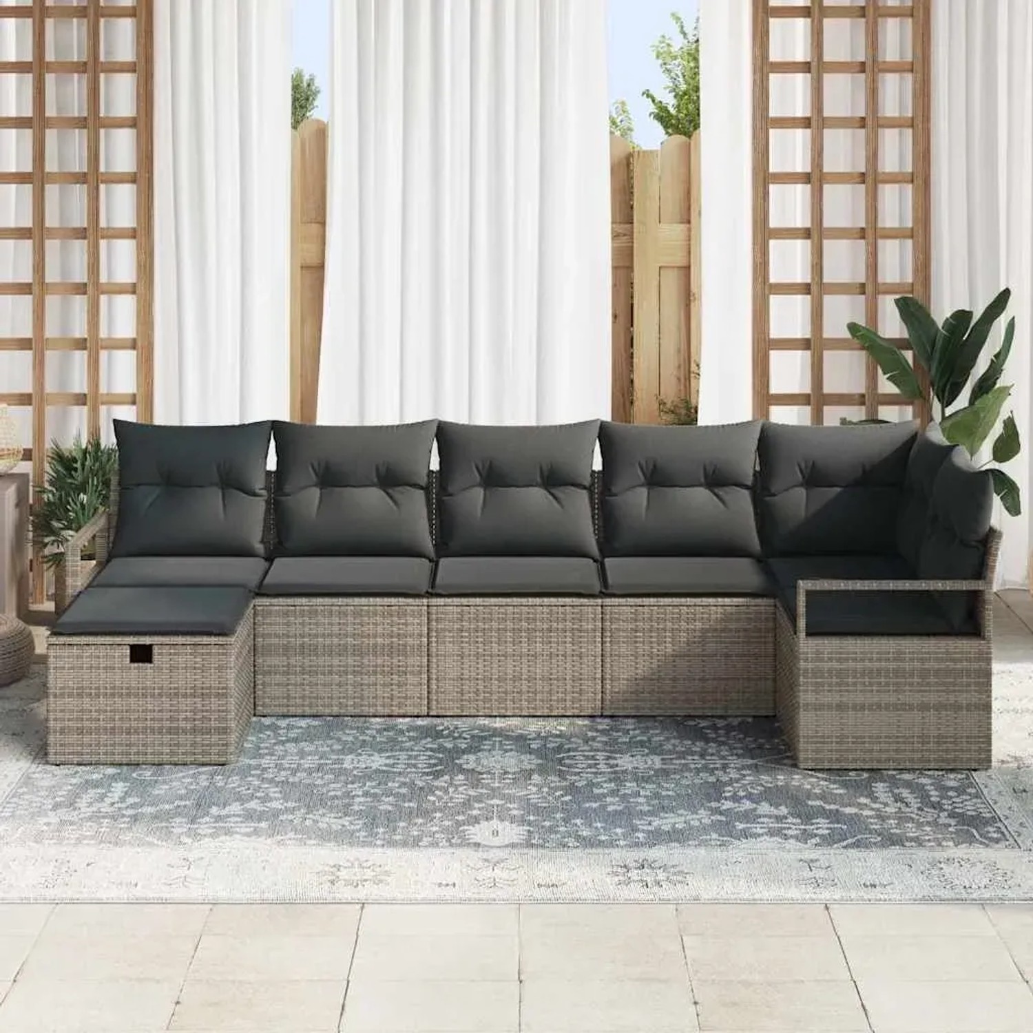 Graue 7-tlg. vidaXL Garten-Sofagarnitur aus Polyrattan mit Kissen für Terrasse und Garten.