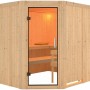 Karibu Sauna Natur aus Holz mit Glastür, Bänken und Ofenschutzgitter.