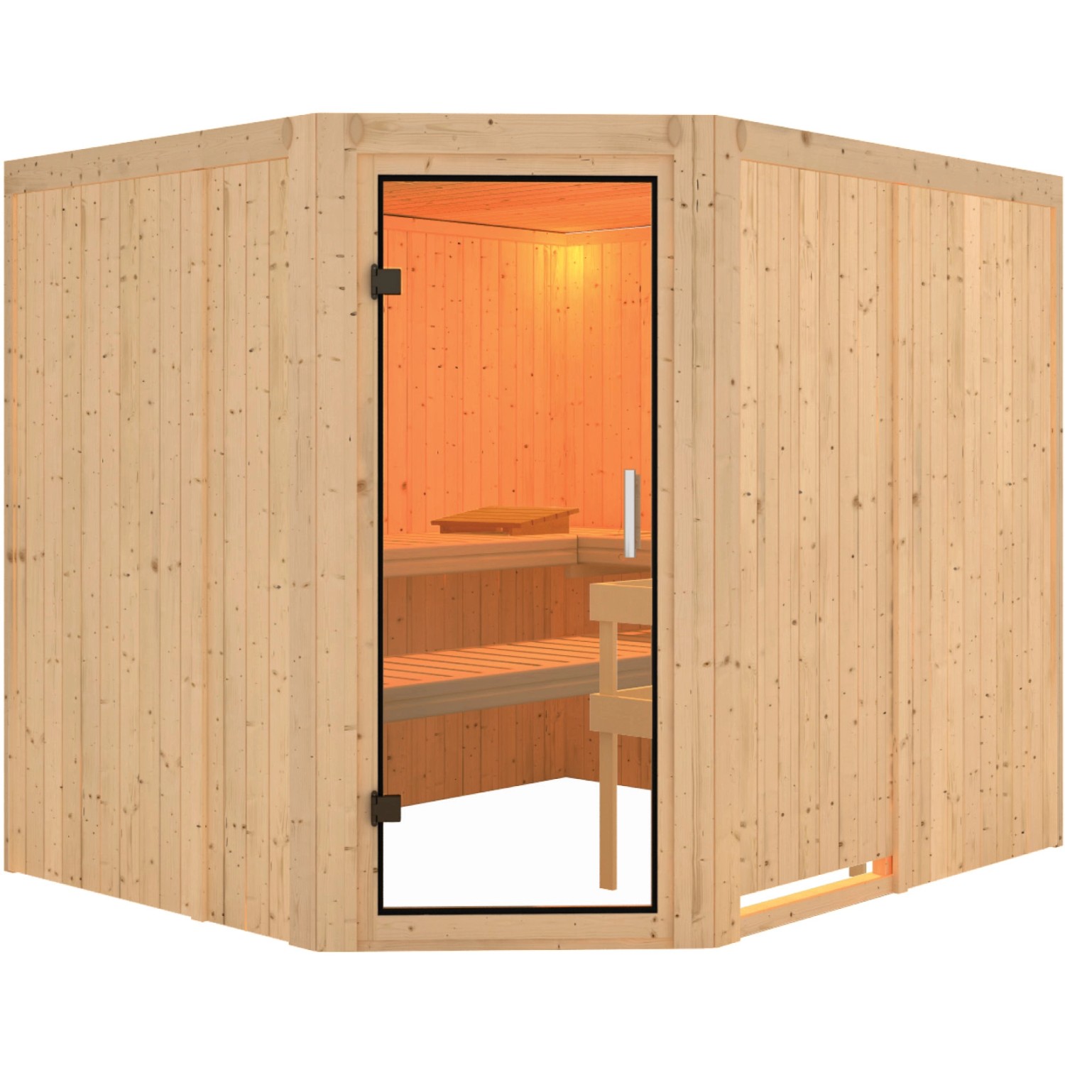 Karibu Sauna Natur aus Holz mit Glastür, Bänken und Ofenschutzgitter.