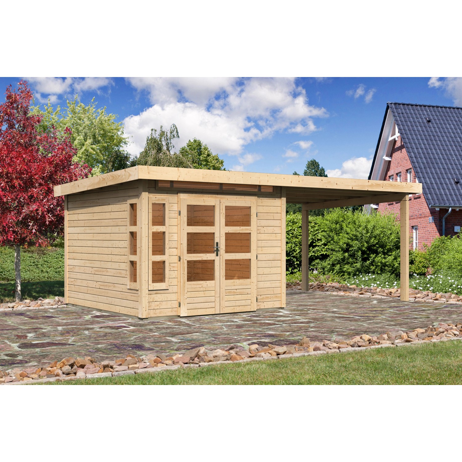 Karibu Holz-Gartenhaus/Gerätehaus Kastberg Naturbelassen Flachdach 270 cm x 270 cm