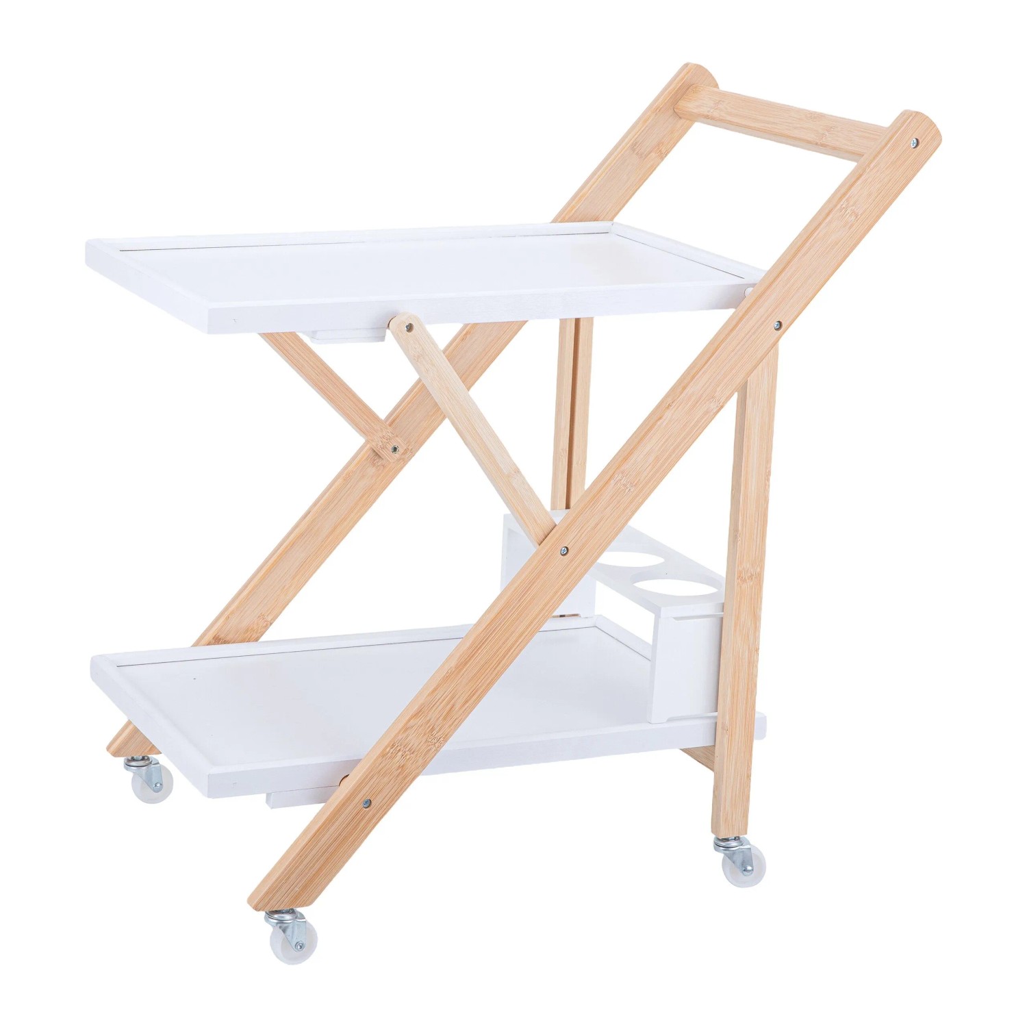 Relaxdays Servierwagen Bambus Weiß Braun 2 Etagen Rollbar Klappbar Mit Flaschenhalter 70 cm x 44 cm x 39,5 cm 5 kg