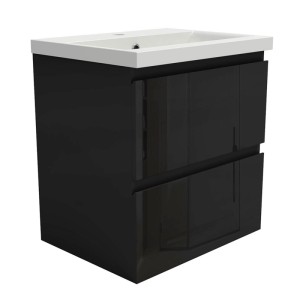 Schwarzer Hochglanz Waschtisch 50cm mit weißem Keramik Waschbecken und grifflosen Unterschrank mit Türen und Schubladen.
