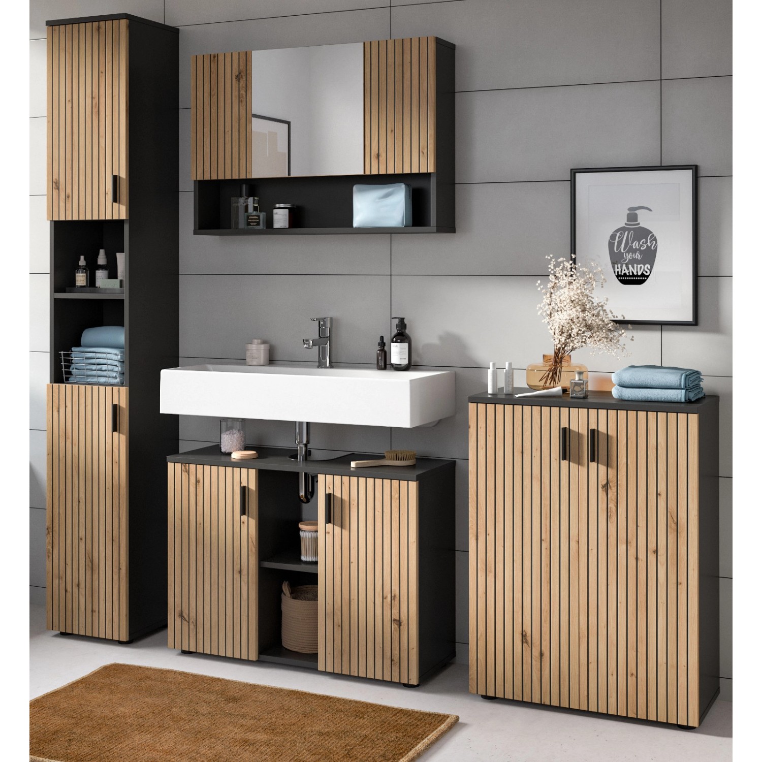 Inn.Furn Badmöbel Set in Eiche und Grau 4-teilig 200 cm Livia günstig online kaufen