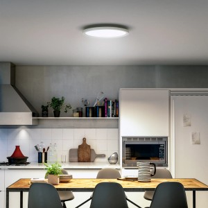 Weiße Philips Hue Aurelle LED-Panelleuchte (Ø 39,5 cm) an Zimmerdecke.