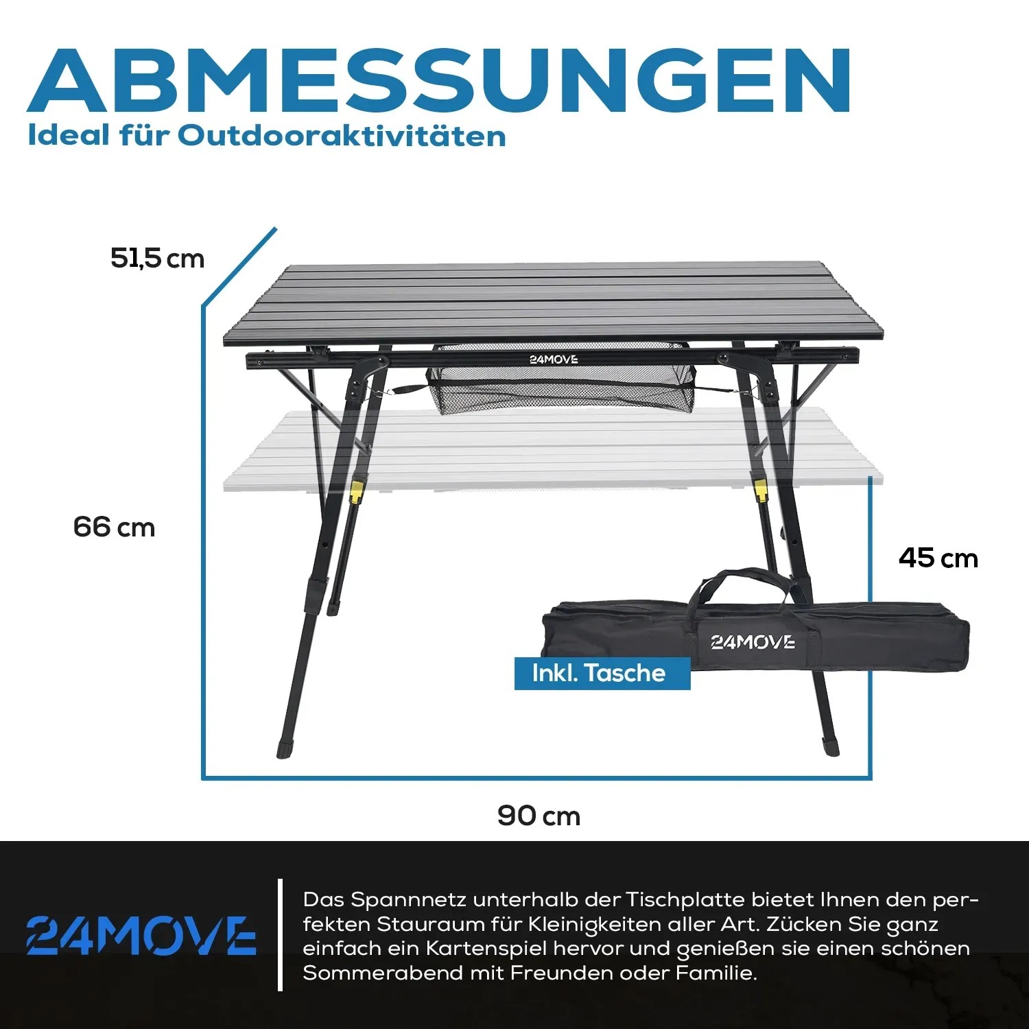 24MOVE Campingtisch, klappbar, höhenverstellbar, mit Tragetasche. Ideal für Camping und Outdoor.