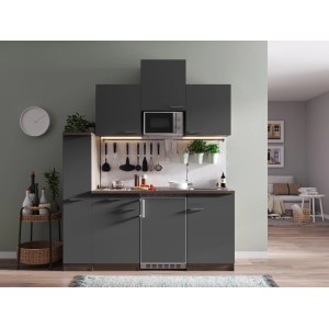 Respekta Küchenzeile KB180EYGMIC, 180 cm, Grau/Eiche York Optik mit Spüle, Kühlschrank und Mikrowelle.