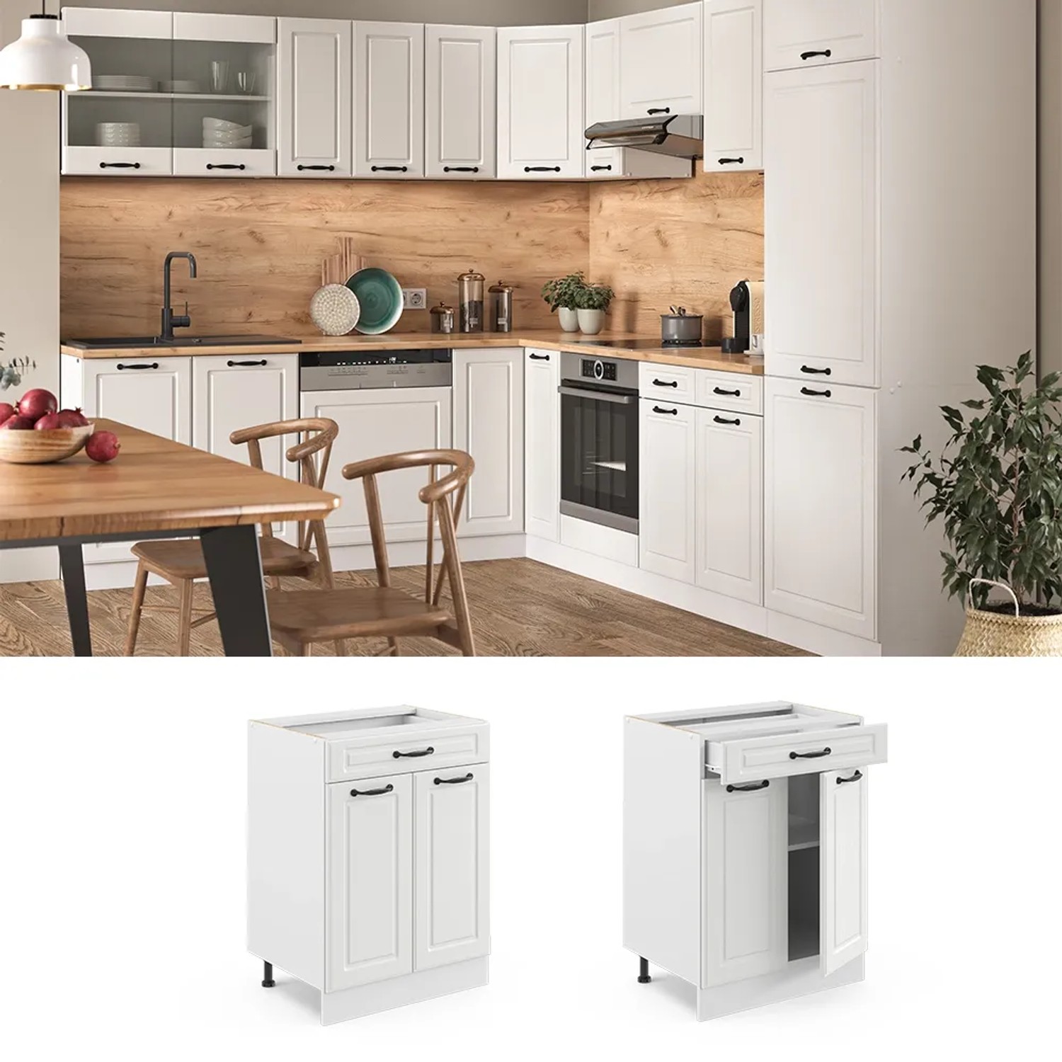Vicco Küchenunterschrank R-Line, 60 cm, Weiß Landhaus/Weiß, mit Schublade, ohne Arbeitsplatte.