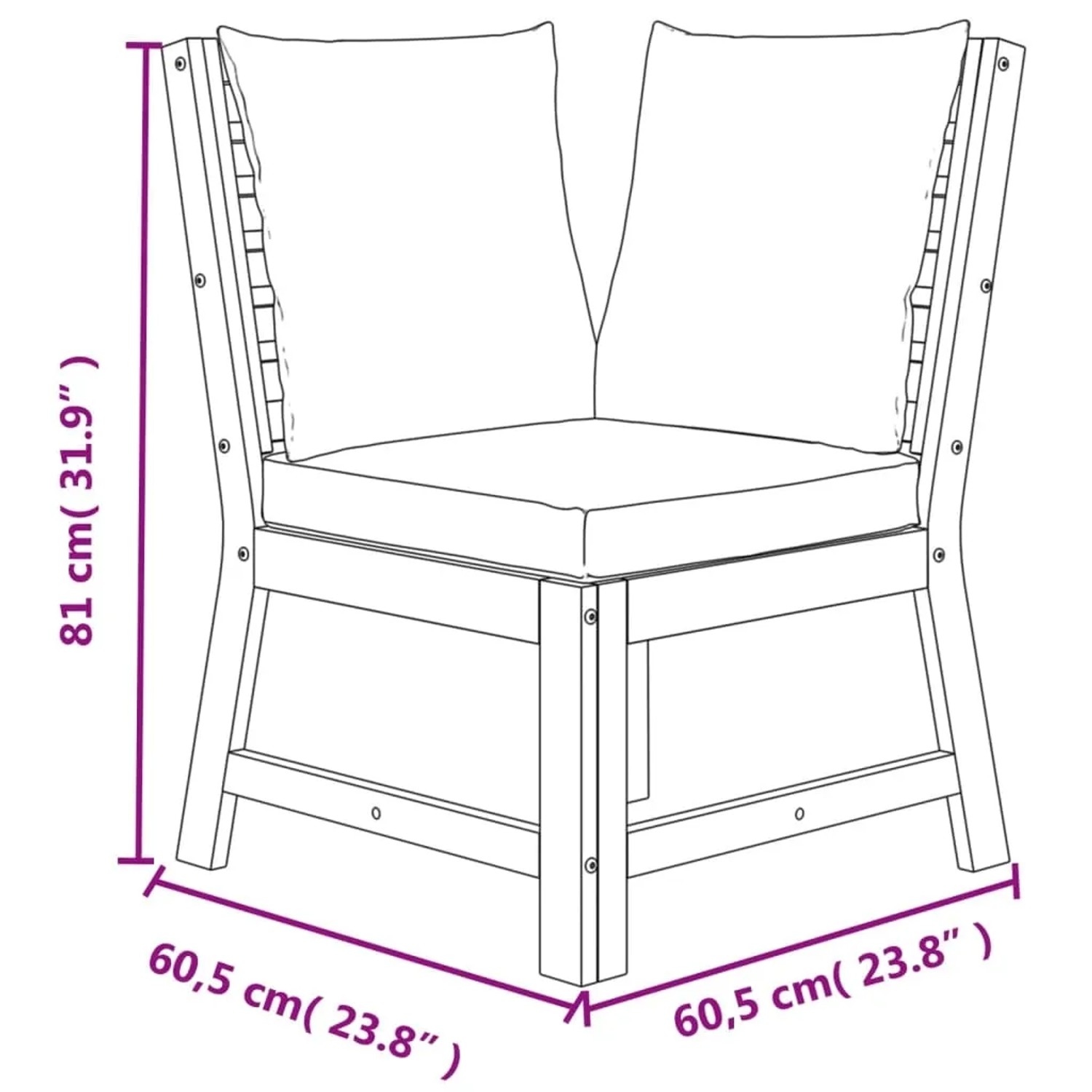 Skizze eines Ecksofas aus Akazienholz mit Kissen, Teil der vidaXL Garten-Essgruppe.