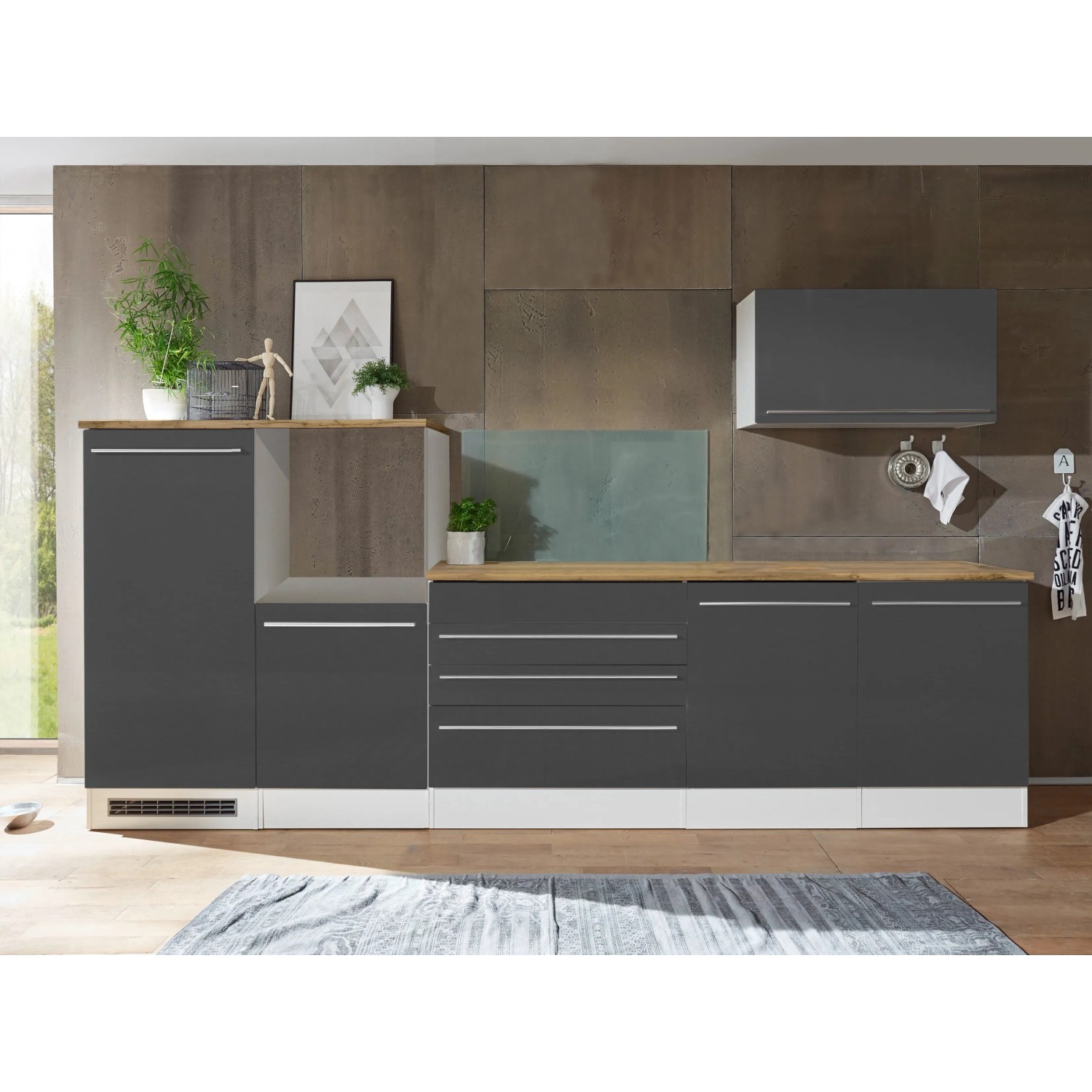 Respekta Küchenblock Gabriel, 320 cm, Grau Hochglanz, ohne E-Geräte. Moderne Einbauküche mit viel Stauraum.