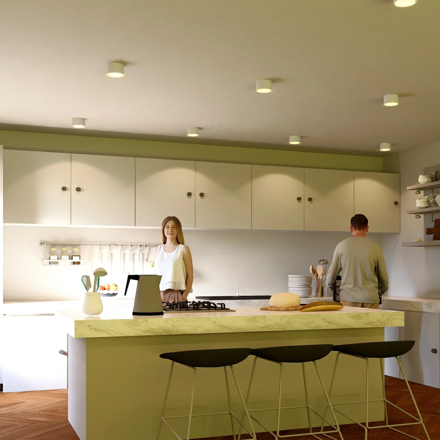 4er Set SSC-LUXon Celi-X LED Aufbauspots, flaches Design in Weiß, warmweißes Licht, für Deckenmontage in Innenräumen.