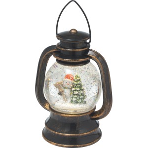 Beleuchtete Schneekugel-Laterne in Bronze mit Schneemann und Tannenbaum, festliche Weihnachtsdekoration.