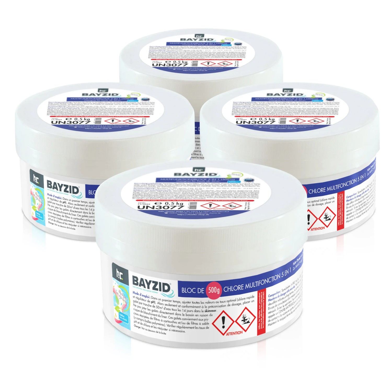 Bayzid Multiblock 5in1 für Pools, 500g, weiße Behälter im Set für die Pool Desinfektion.