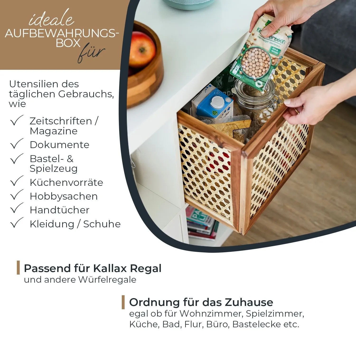 HMF 37640-M2 Aufbewahrungskorb Kallax Regale Korb Rattan Wiener Geflecht und Akazienholz Muster 2 32 x 34 x 32 cm_2