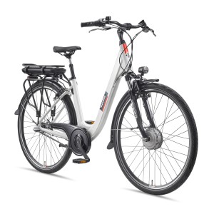 Telefunken City E-Bike 28 Zoll, weißes Pedelec mit Frontmotor und Gepäckträger.