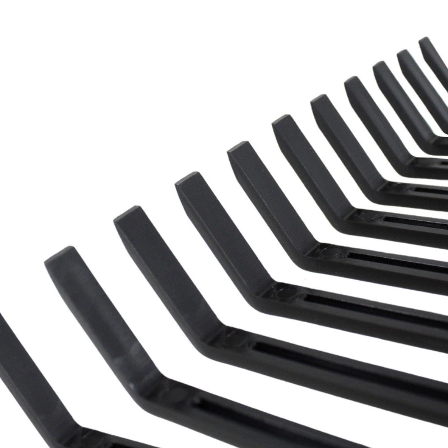 Detailaufnahme: Schwarzer Galaflor Nylon Rechen mit 21 Zinken.