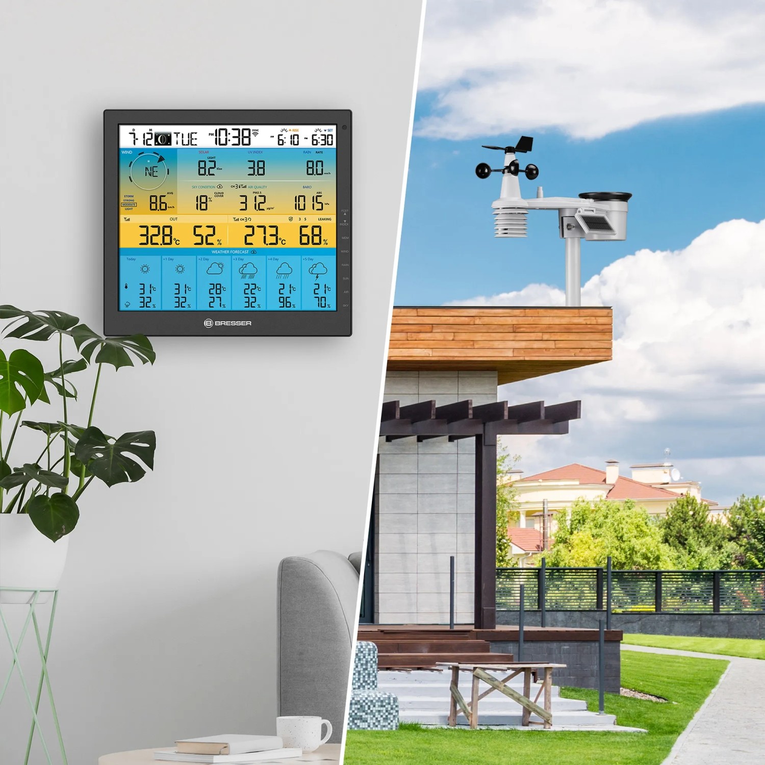 Bresser Solar-Wetterstation 4CAST PRO SF 7-in-1: Wetterdaten auf Display und Außensensor auf Hausdach.