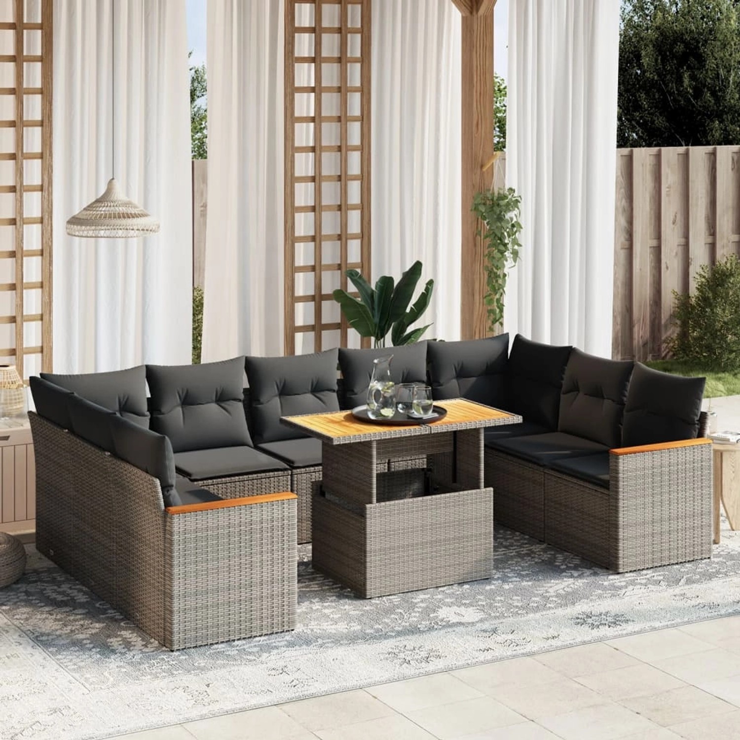 Graue 10-tlg. vidaXL Garten-Sofagarnitur aus Polyrattan mit Tisch und Kissen.