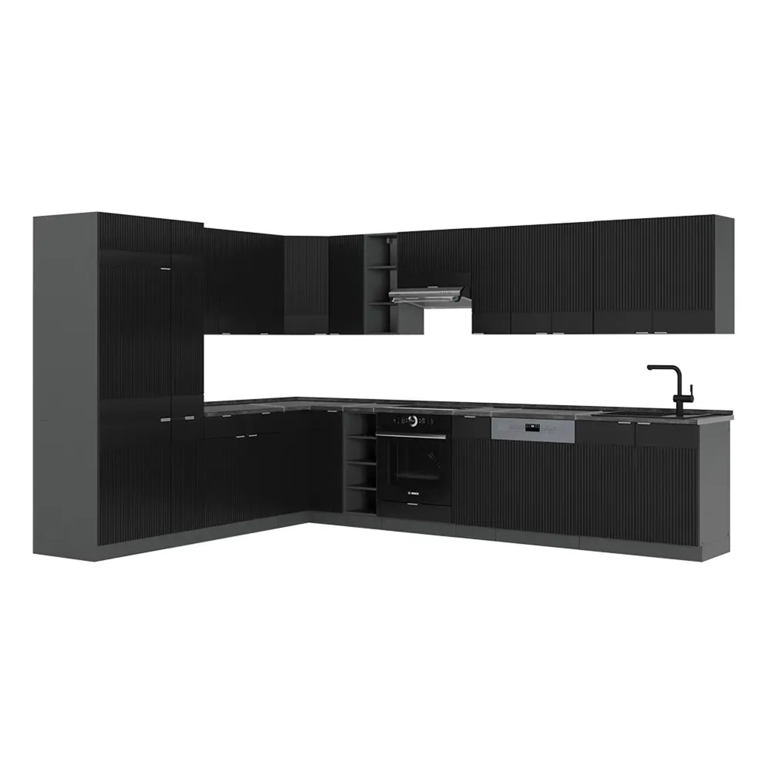 Vicco Fame-Line Eckküche Schwarz gestreift/Anthrazit 347 x 257 cm AP Anthrazit ohne E-Geräte