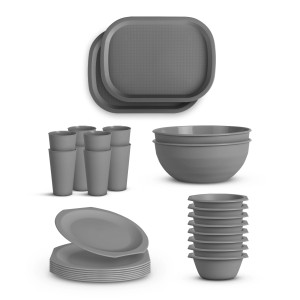 ProHome Kunststoff Geschirrset, 28-teilig, grau, für 8 Personen: Teller, Schüsseln, Becher und Tabletts.
