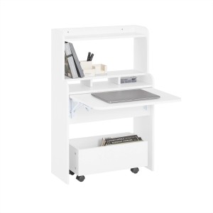 Weißer, klappbarer SoBuy Schreibtisch FWT105-W mit Ablagen und Rollwagen für Homeoffice.