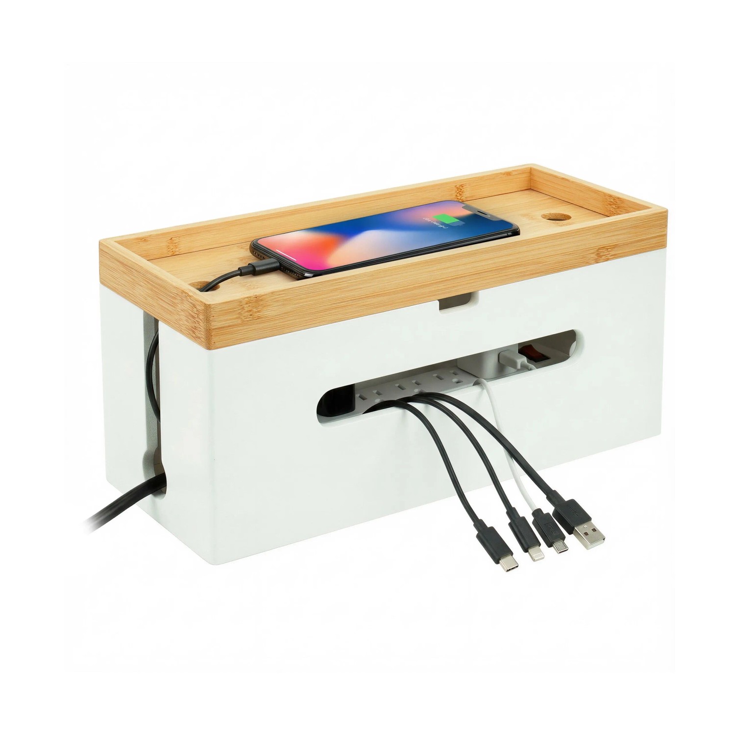 Relaxdays Kabelbox Bambus Natur Weiß Mit Ablage 16 cm x 34 cm x 13,5 cm 900 g